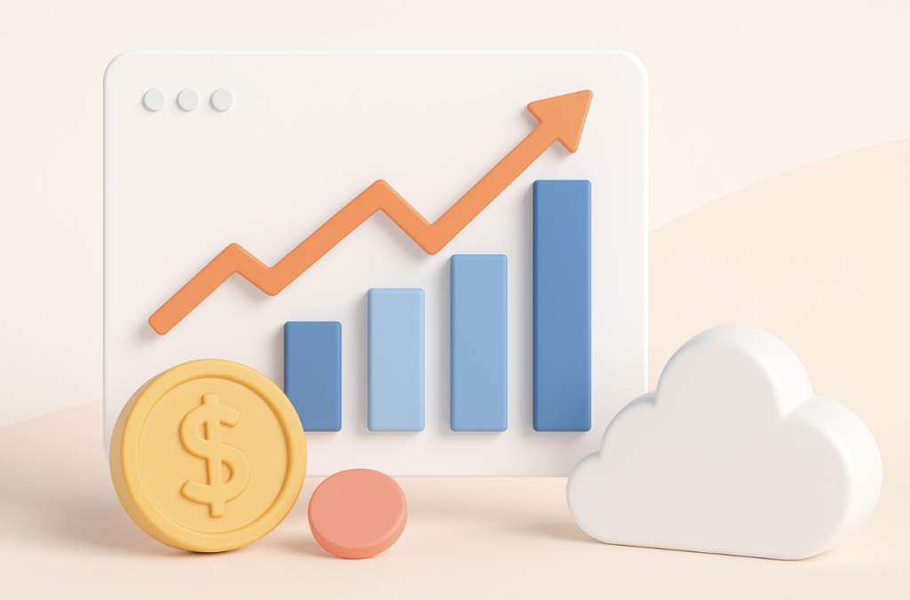3D illustration showing a bar chart with increasing blue bars and an orange upward-trending arrow line on a white background. In front of the chart are a yellow coin with a dollar sign, a red circle, and a white cloud icon, symbolizing financial growth, savings, and cloud technology.